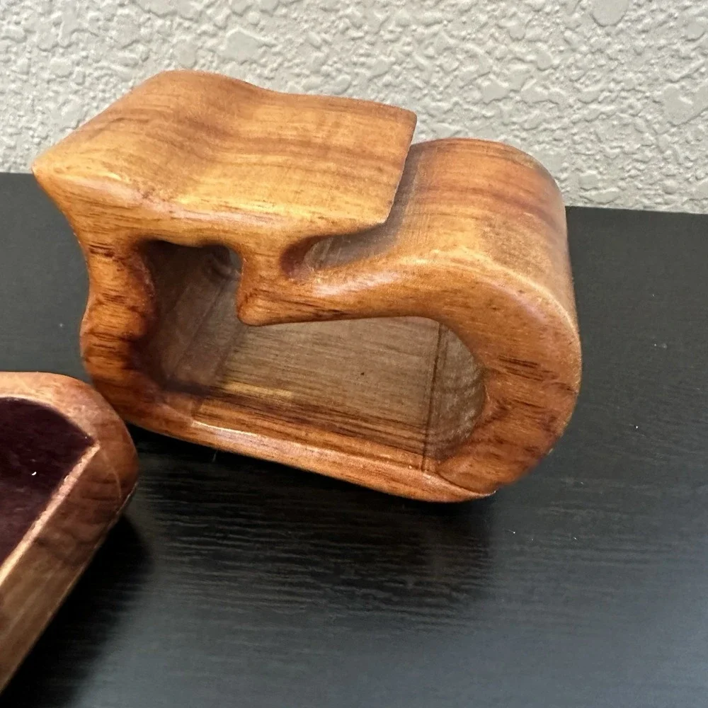 Vintage Whale Carved Trinket Box Redwood Wood MCM Modern Handcrafted Puzzle Box